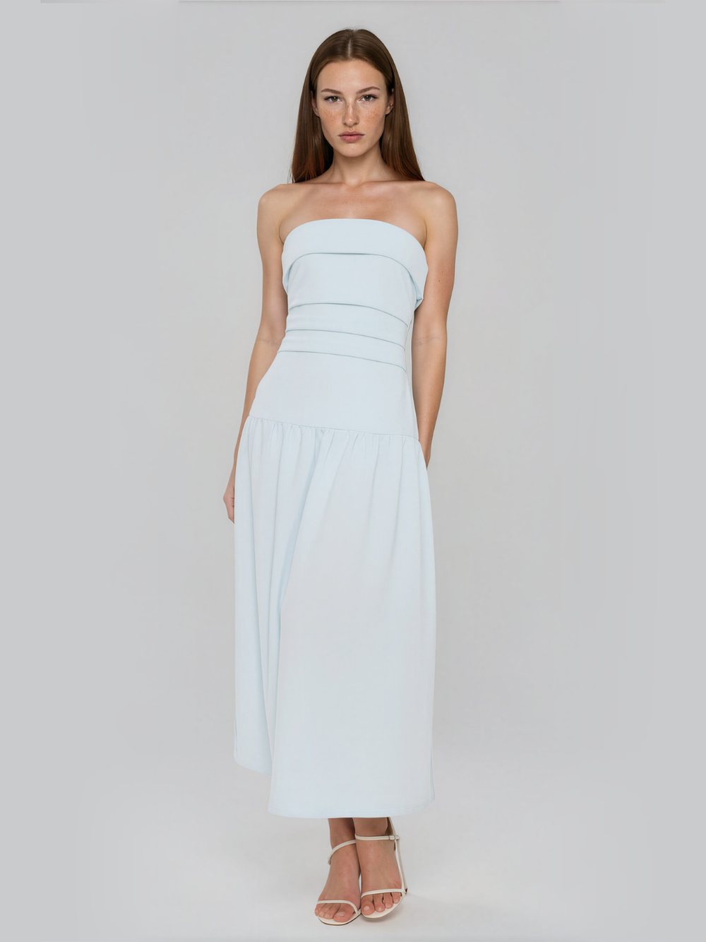 Matilda | Strapless Fold Over Neckline Drop Waist Midi Dress