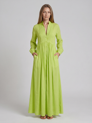 Elizabeth | Button Front Maxi Shirt Dress with Pintuck Bib and Long Sleeves