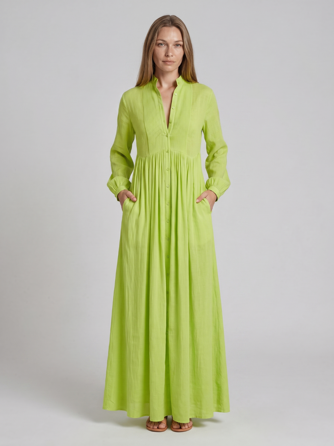 Elizabeth Button Front Maxi Shirt Dress with Pintuck Bib and Long Sleeves - view 8