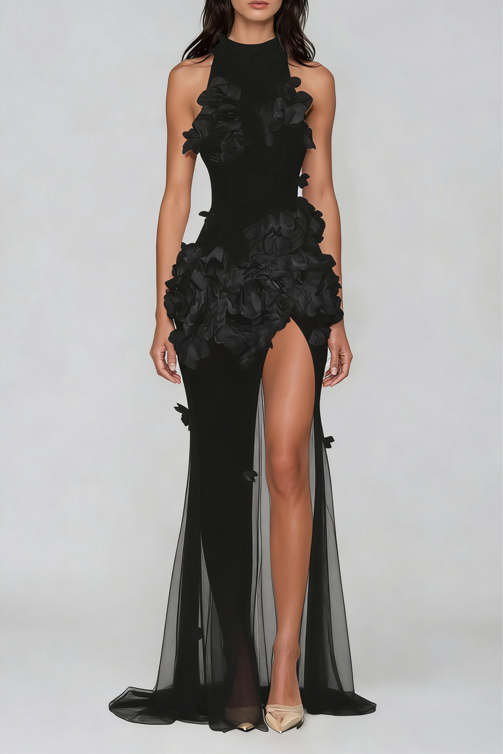 Celeste Floral Mesh High-Split Maxi Dress