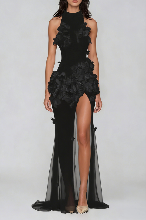 Celeste Floral Mesh High-Split Maxi Dress