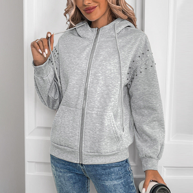 Ivy Studded Shoulder Zip Up Hoodie - front view