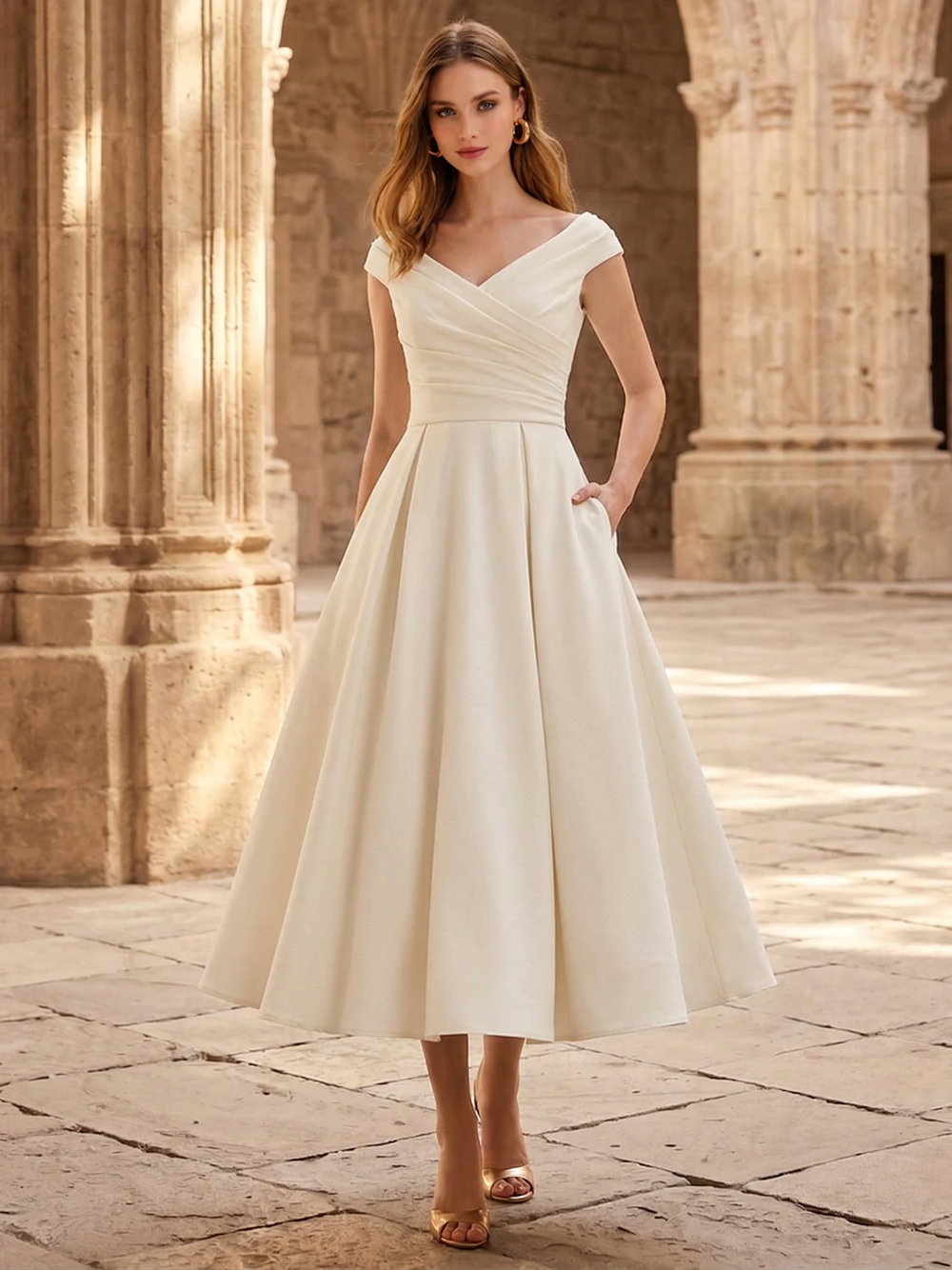 Odette Off-Shoulder Ruched Tea-Length Dress