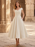 Faith Off Shoulder Ruched Corset Tea Length Dress with Pockets - front view