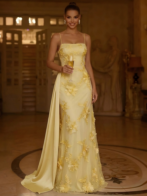 Demi | Floral Applique Spaghetti Strap Maxi Gown with Draped Streamer