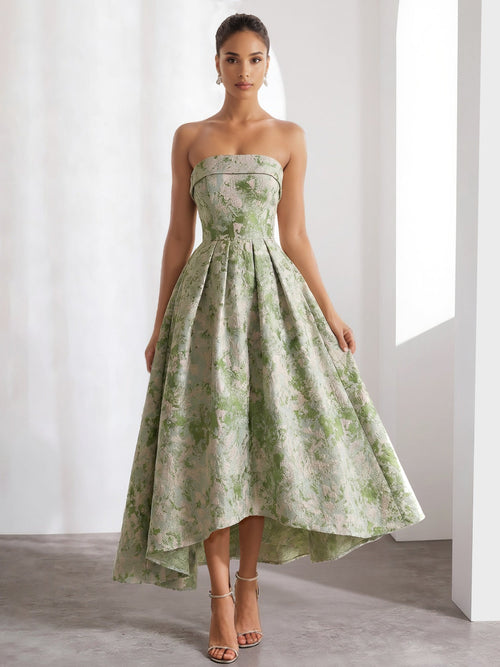 Christabel | Strapless Floral Jacquard High Low Dress with Pockets