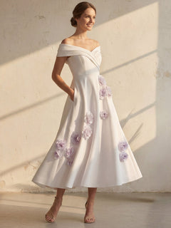Amara Off-Shoulder Satin Tea-Length Dress