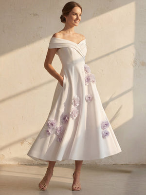 Amara Off-Shoulder Satin Tea-Length Dress
