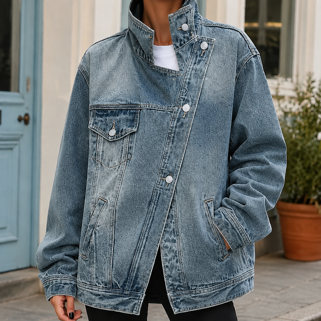 Margot Funnel Collar Oversized Denim Jacket - front view