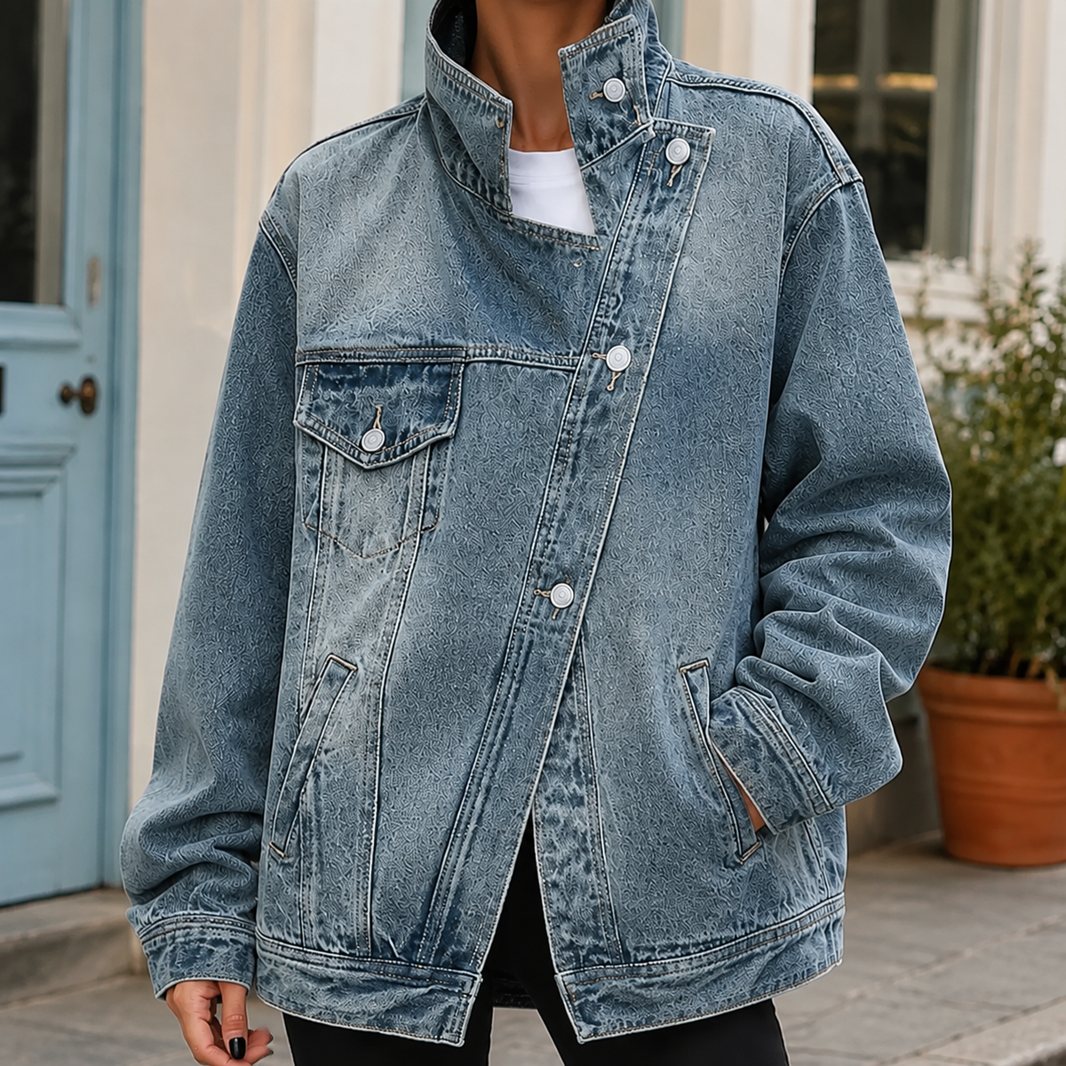 Margot Funnel Collar Oversized Denim Jacket - front view