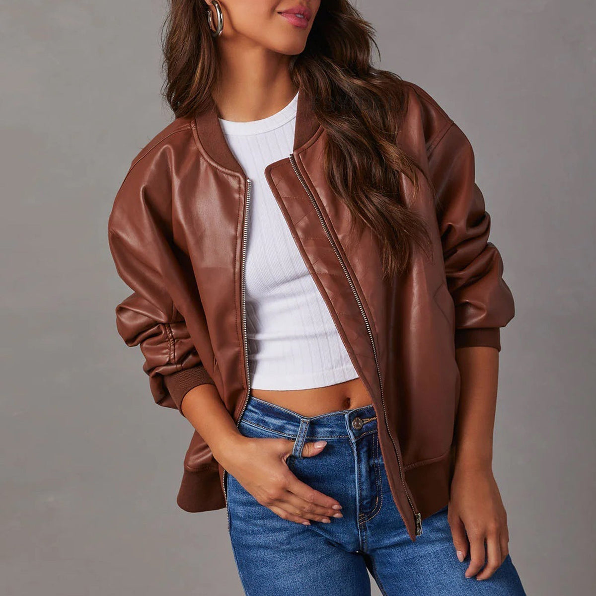 Maeve Oversized Faux Leather Bomber Jacket - view 2