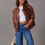Maeve Oversized Faux Leather Bomber Jacket - view 3