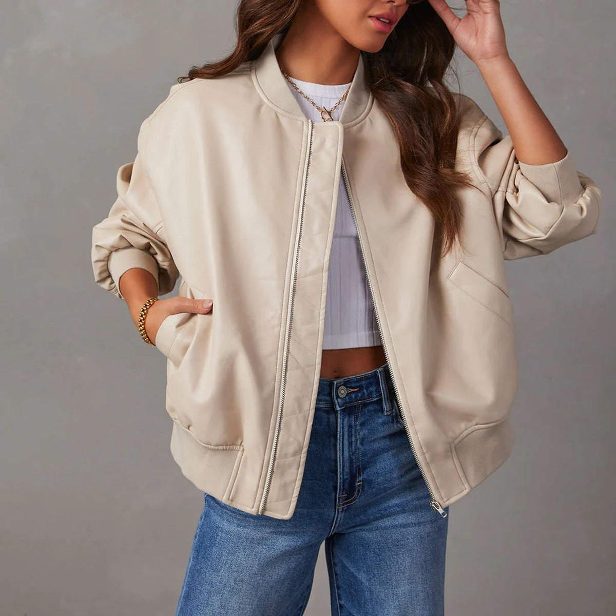 Maeve Oversized Faux Leather Bomber Jacket - view 4