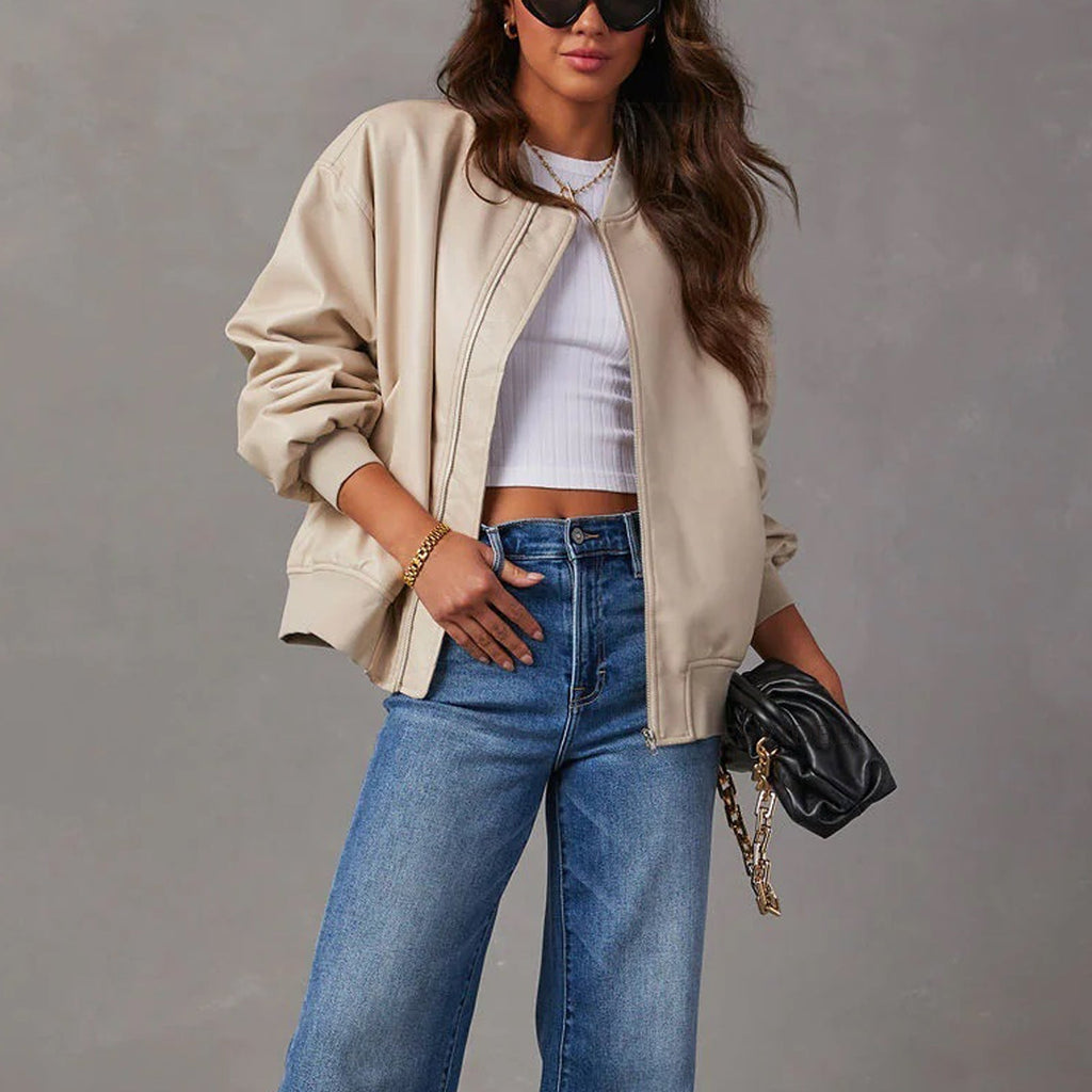 Maeve Oversized Faux Leather Bomber Jacket - view 5