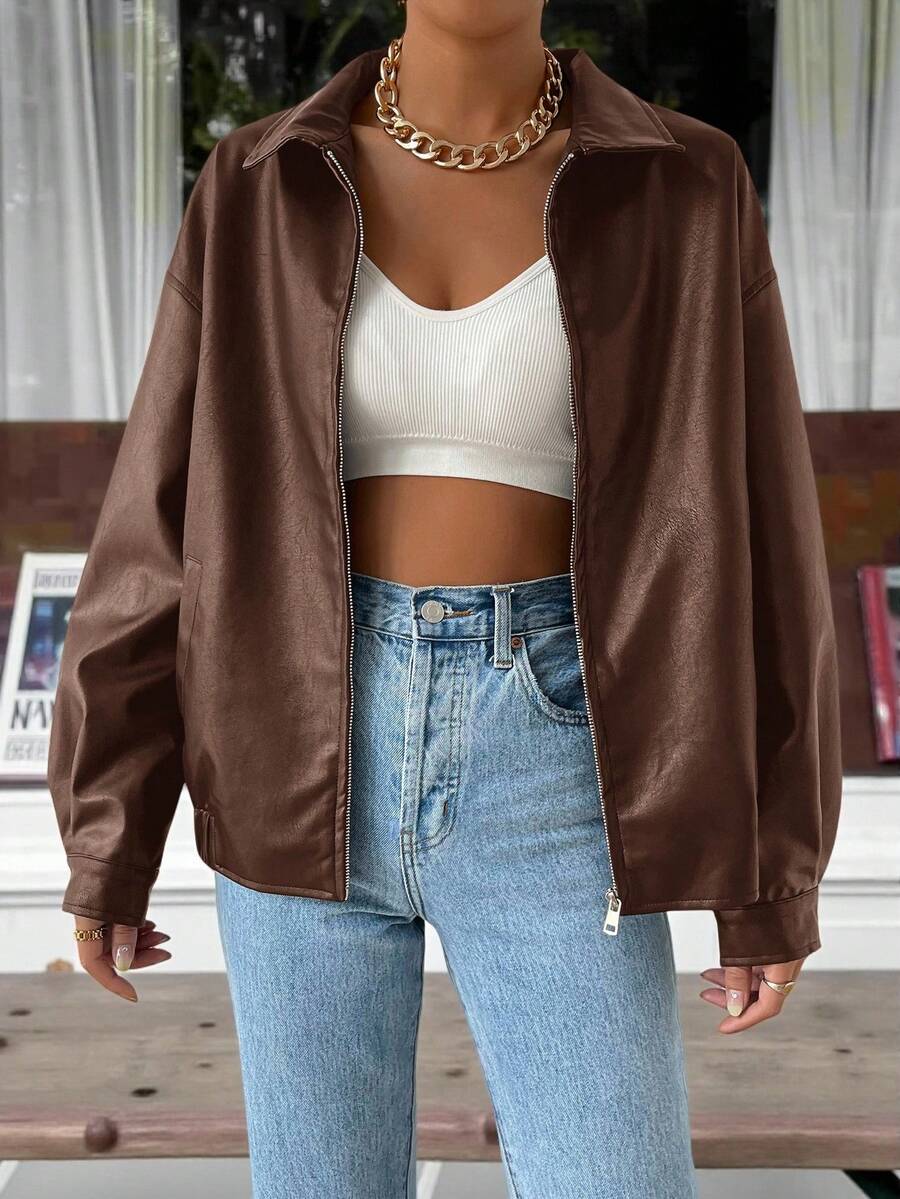 Sylvie Oversized Faux Leather Drop Shoulder Jacket - view 8