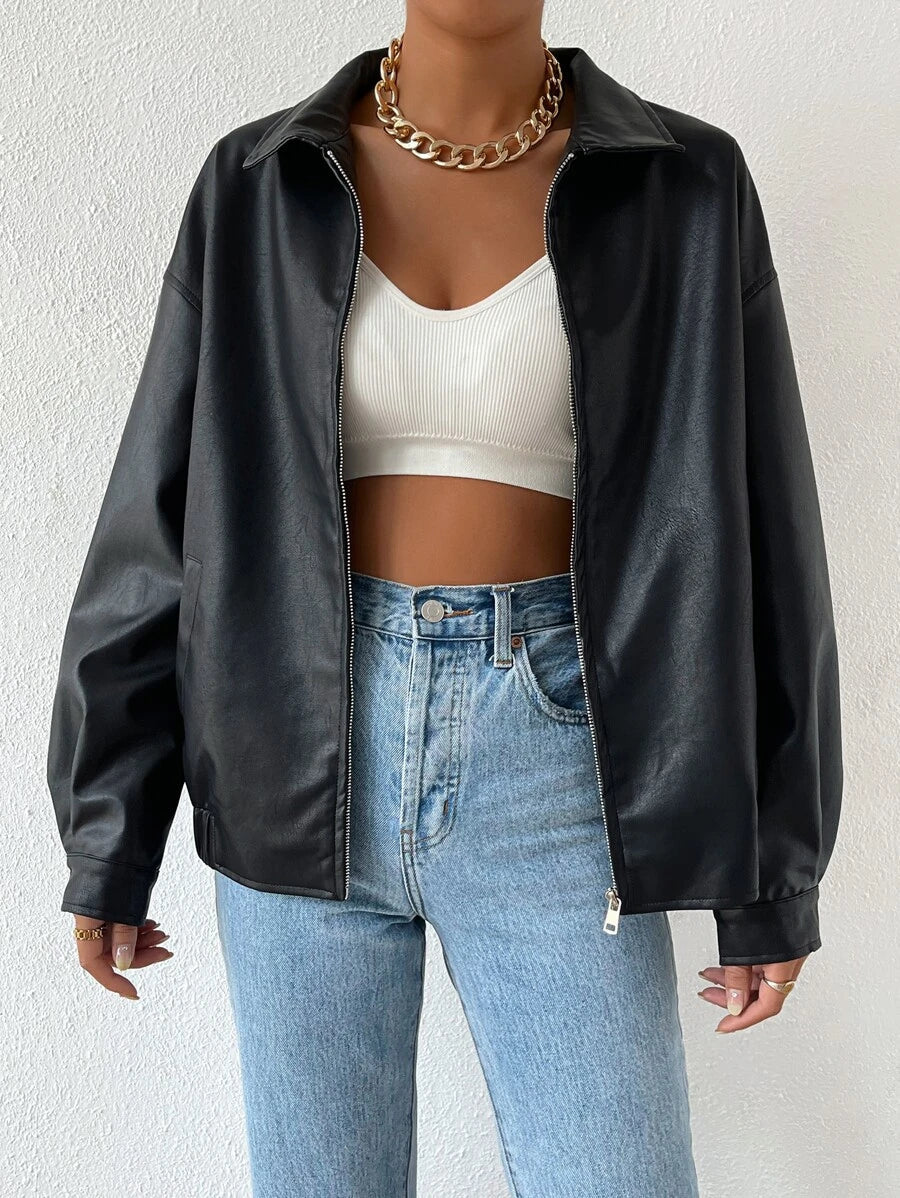 Sylvie Oversized Faux Leather Drop Shoulder Jacket - front view