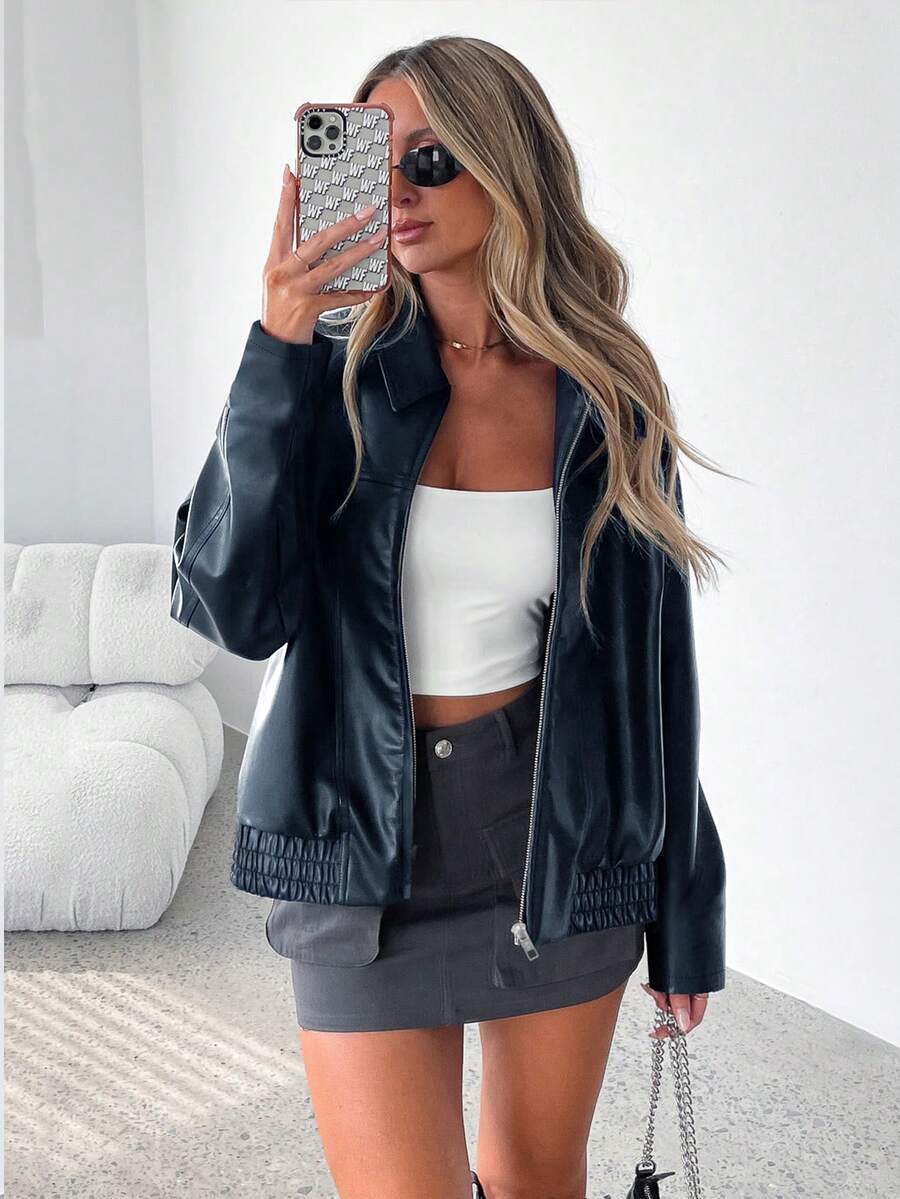 Juno Gathered Hem Faux Leather Jacket - view 14