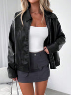 Juno Gathered Hem Faux Leather Jacket - front view