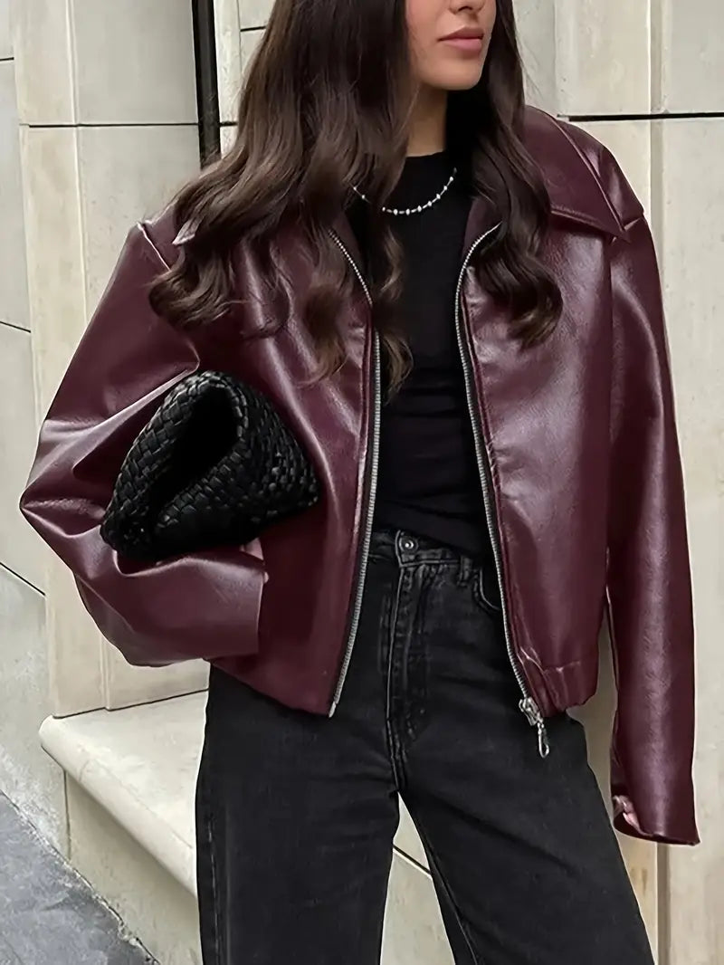 Effie Elasticated Hem Faux Leather Jacket - front view
