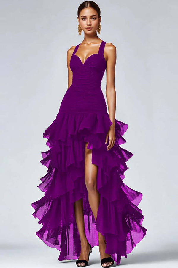 Black Organza A Line Tiered Thick Straps Ruffled Long Formal Dress