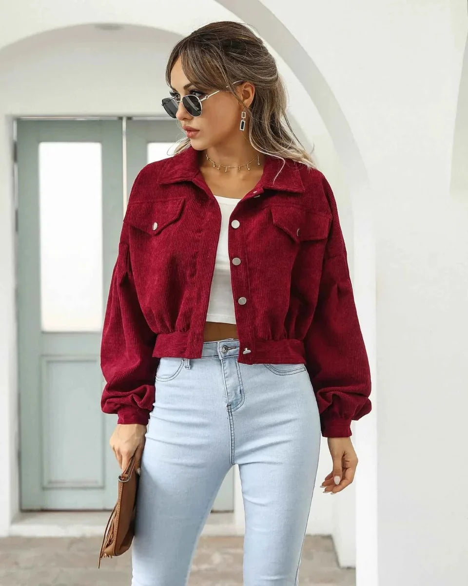Verity Balloon Sleeve Cropped Corduroy Jacket - front view
