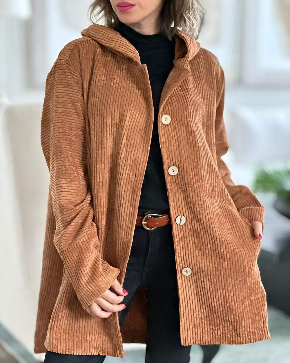 Flora Hooded Corduroy Patch Pocket Jacket - front view