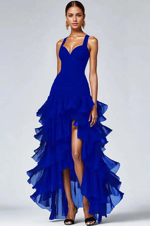 Black Organza A Line Tiered Thick Straps Ruffled Long Formal Dress