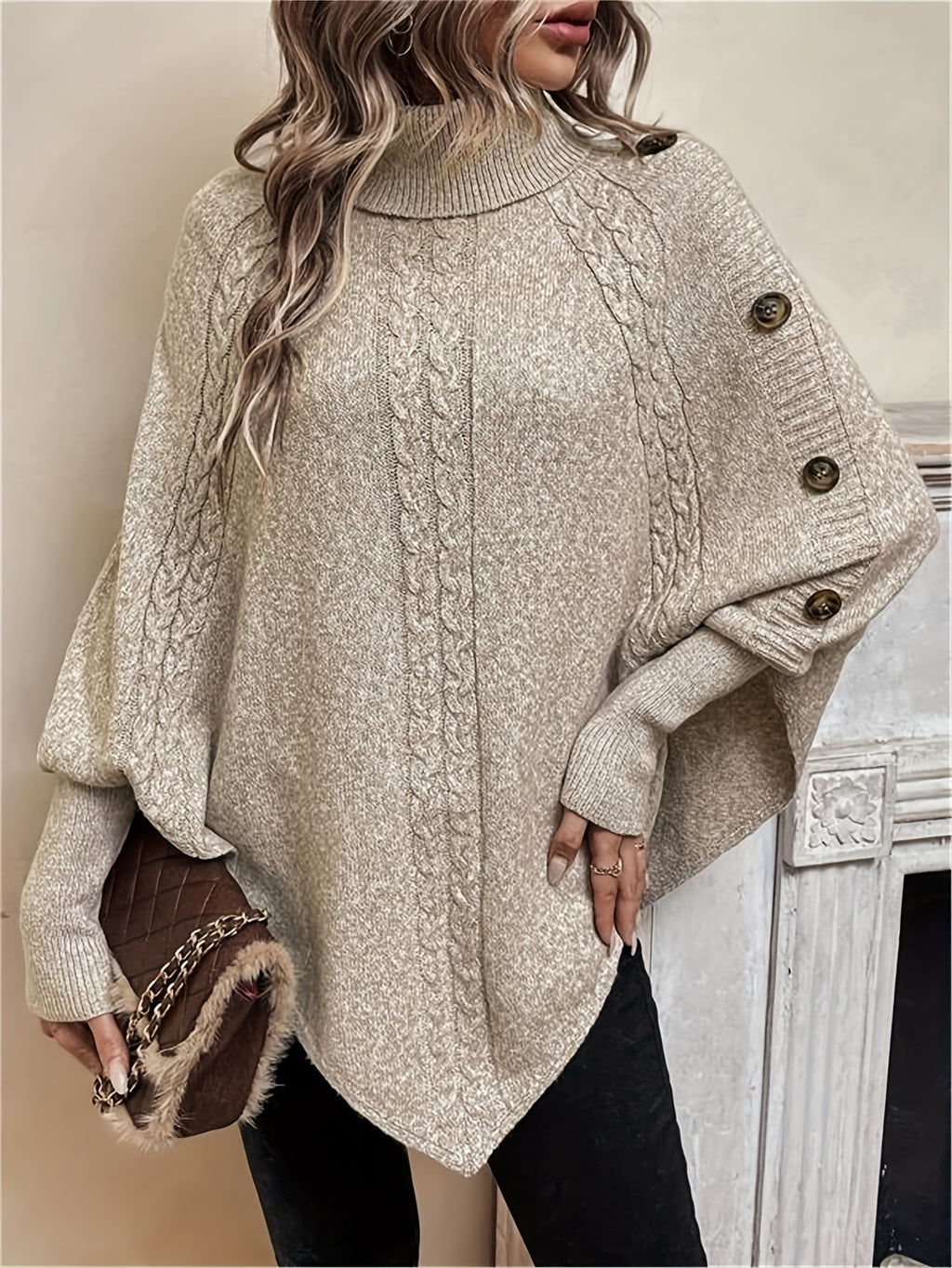 Orla Cable Knit Roll Neck Cape - front view