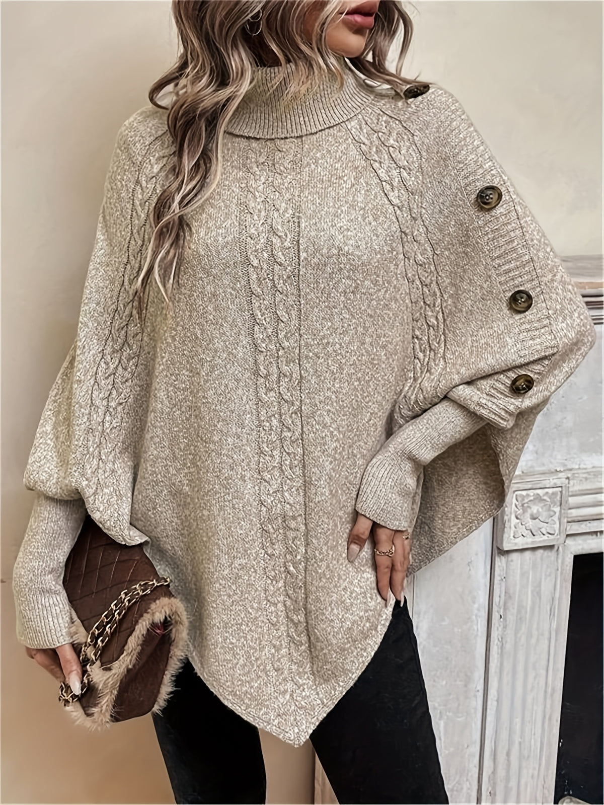 Orla Cable Knit Roll Neck Cape - front view