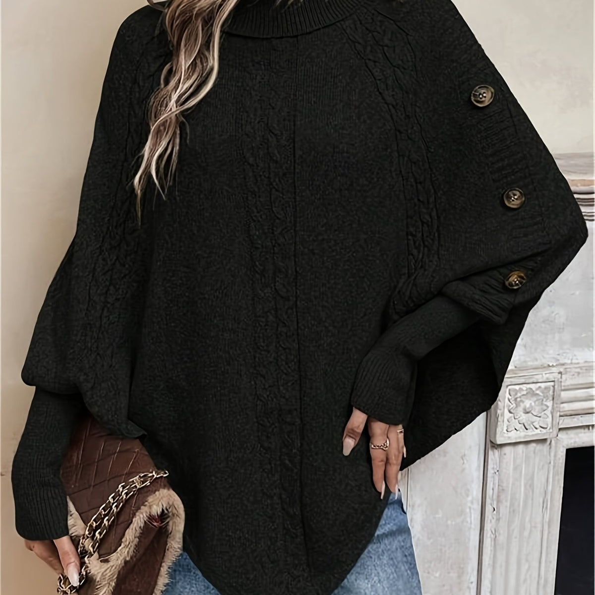 Orla Cable Knit Roll Neck Cape - view 13