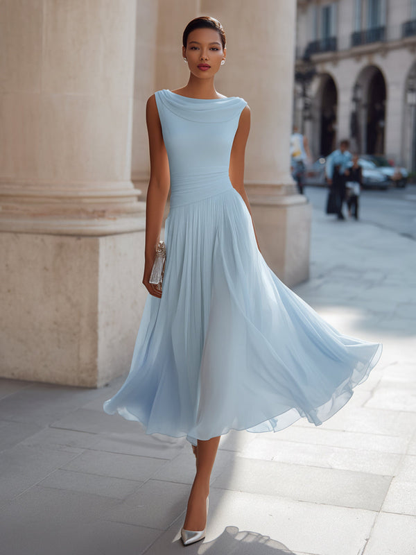 Isabelle | Draped Neck Pleated Midi Dress — RoselynAtelier