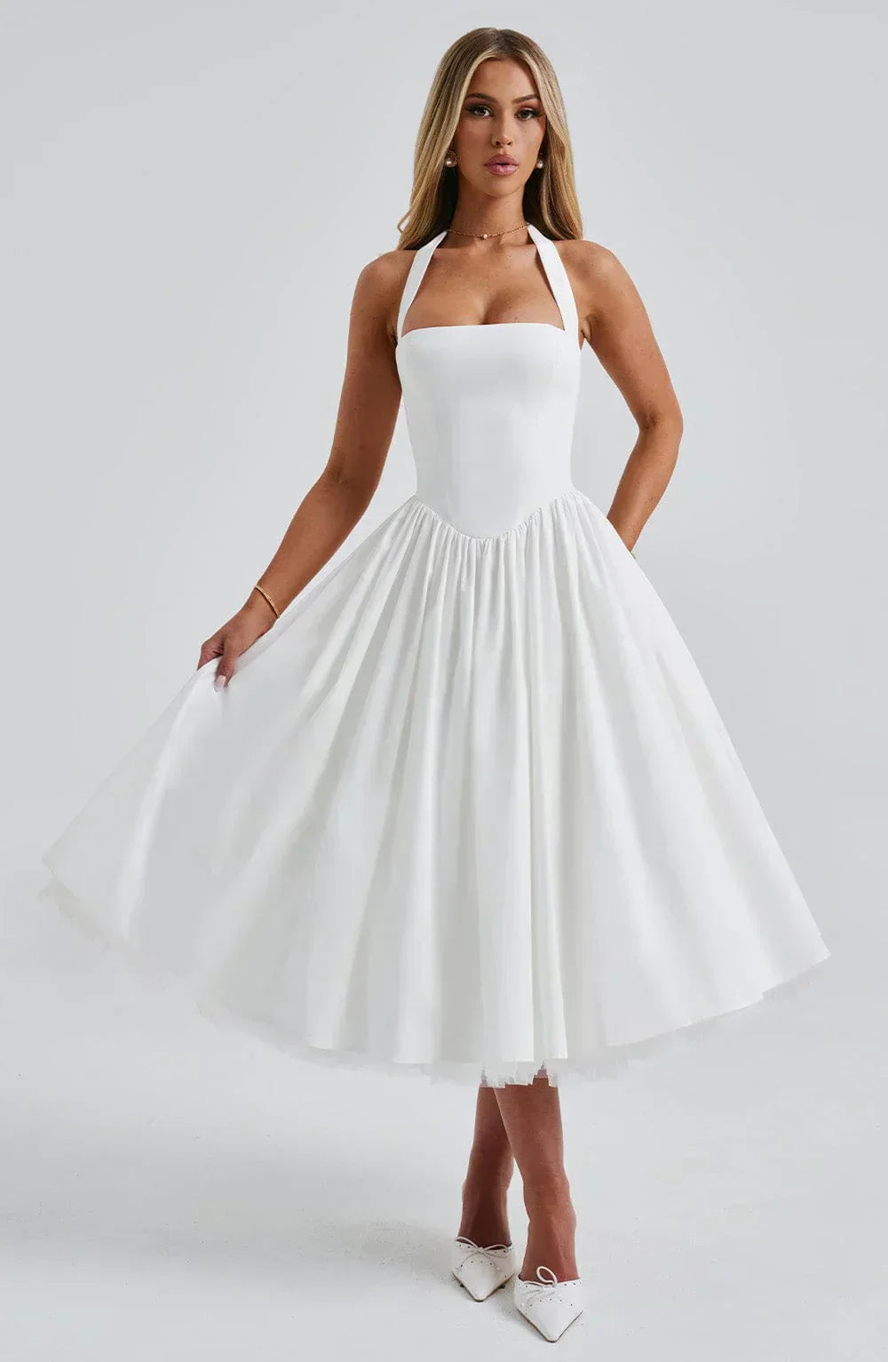 Evana Halter Lace-Up Back Midi Dress