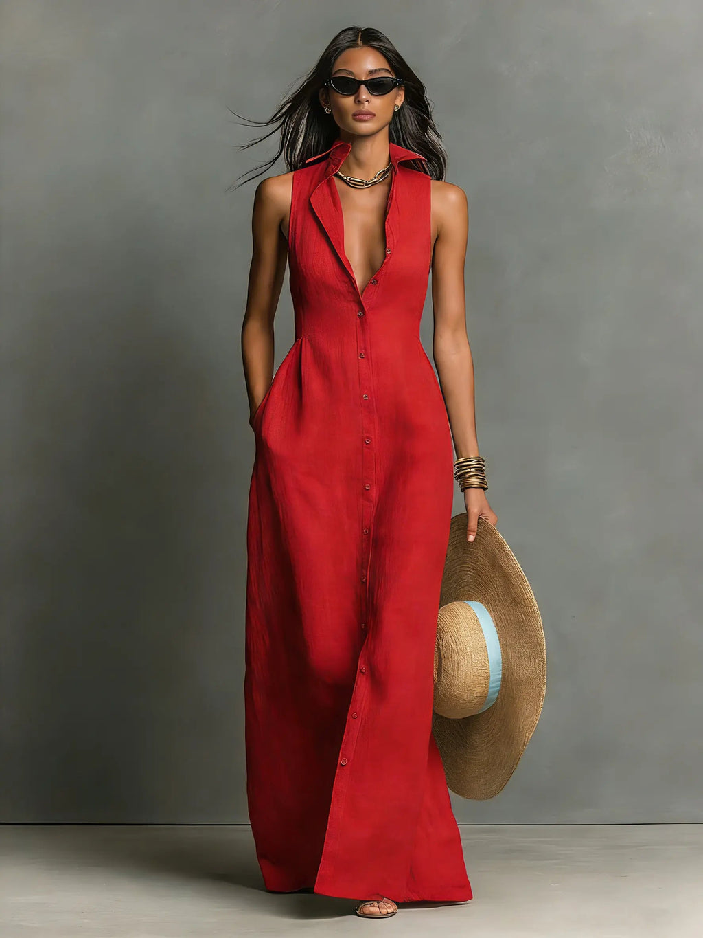 Claudette Sleeveless Collared Maxi Shirt Dress - view 7