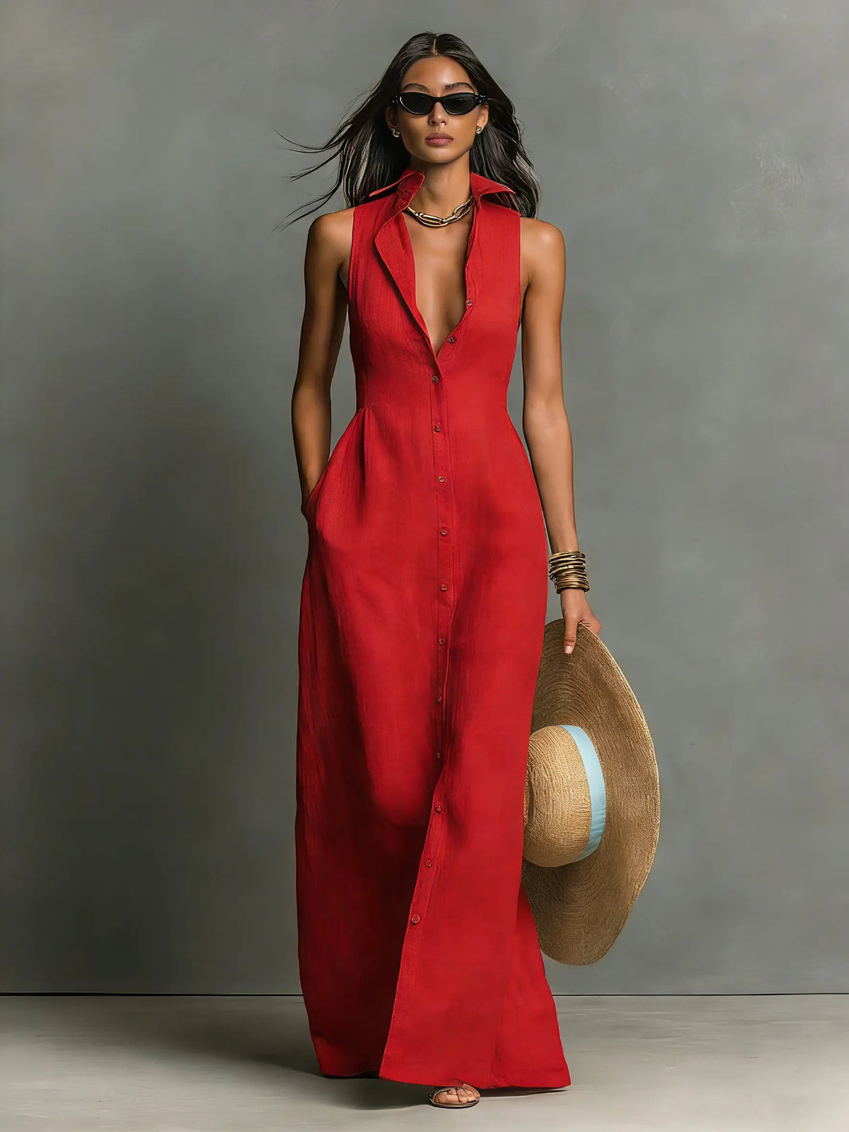 Claudette Sleeveless Collared Maxi Shirt Dress - view 7