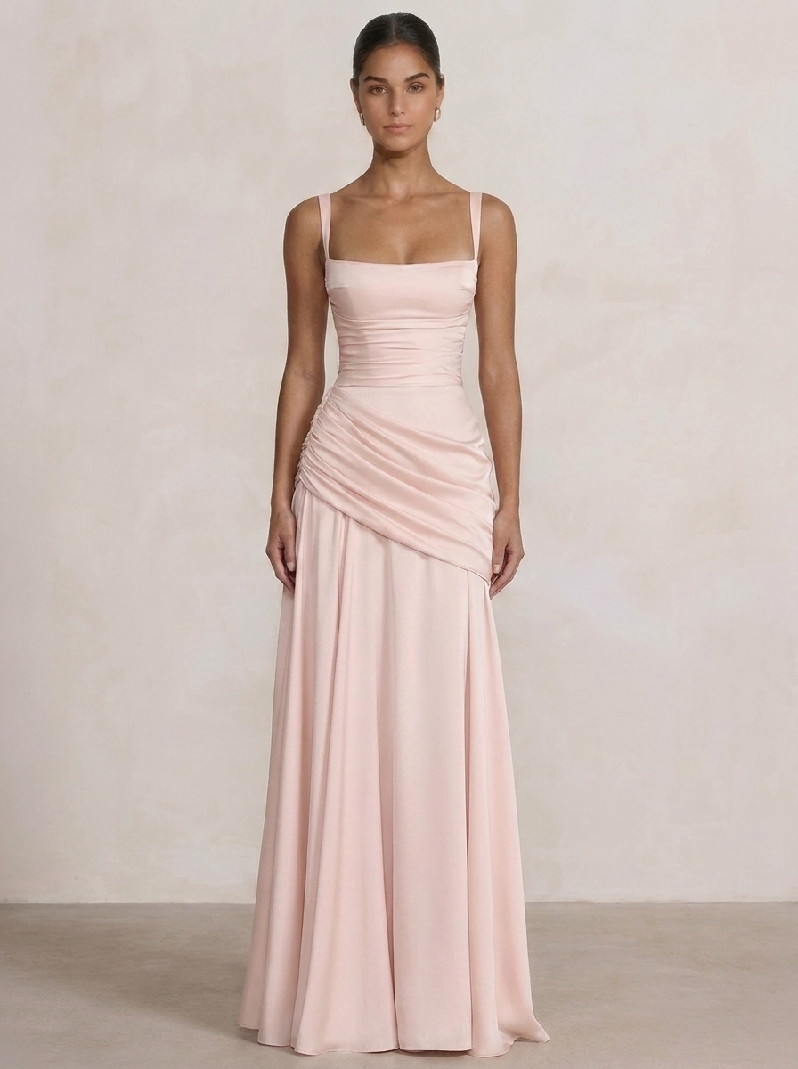 Eloise | Square Neck Ruched Drape Maxi Dress with Crossover Back