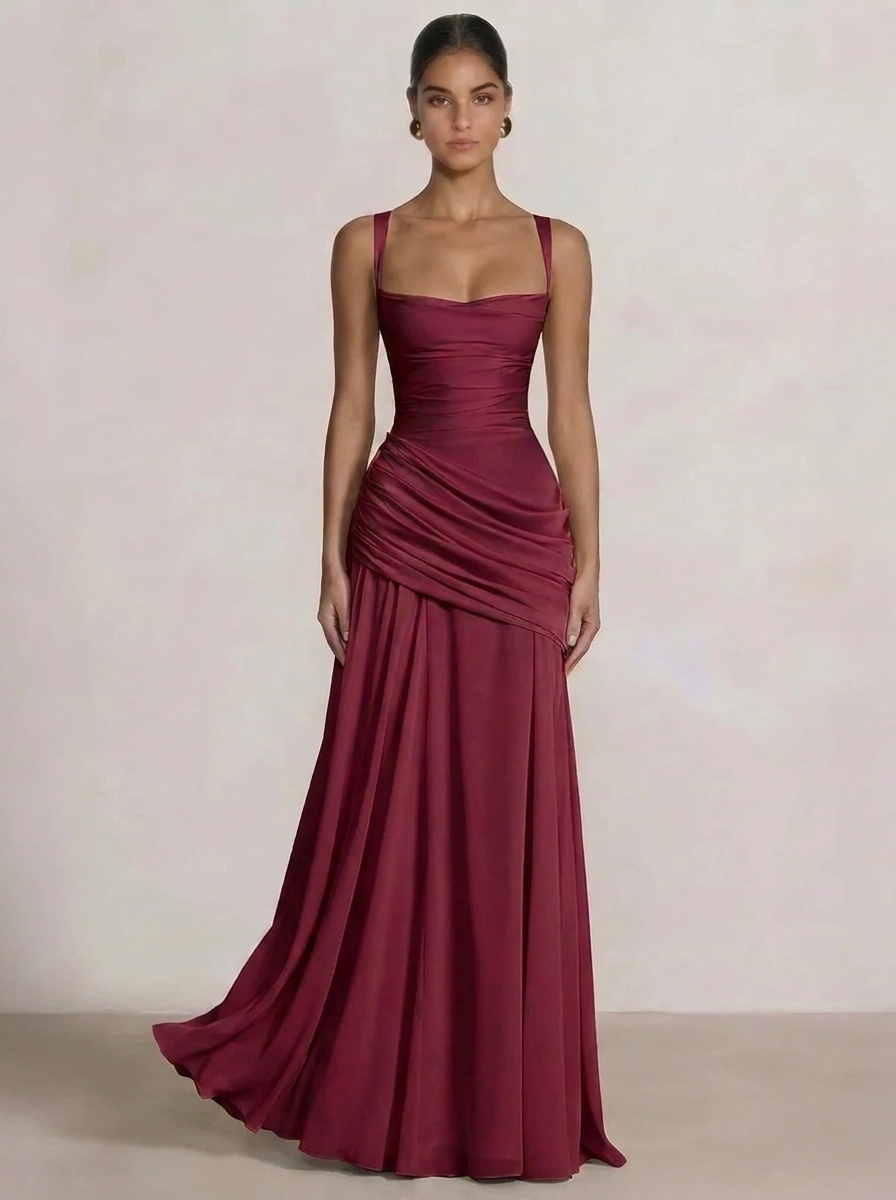Eloise | Square Neck Ruched Drape Maxi Dress with Crossover Back