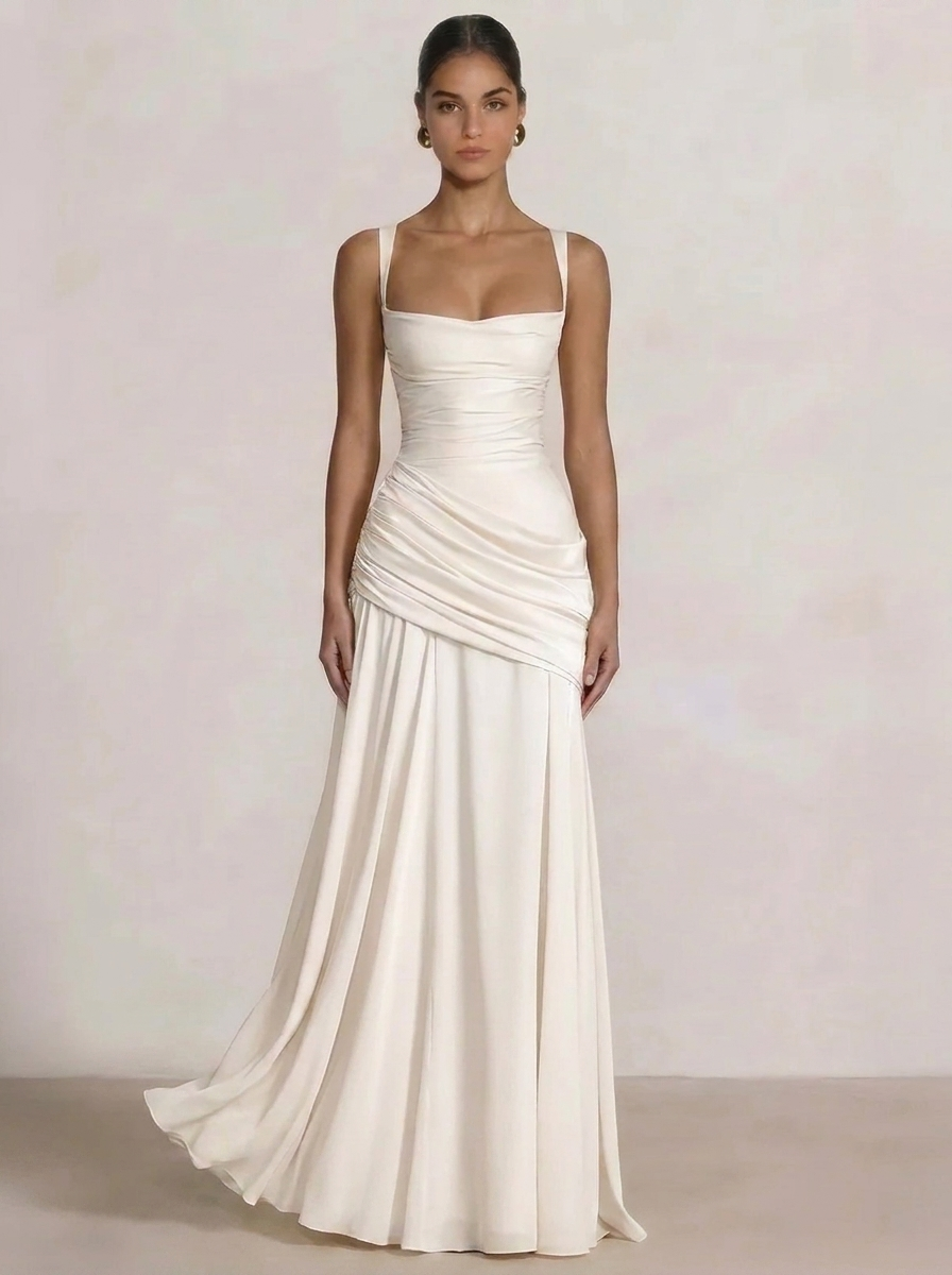 Eloise | Square Neck Ruched Drape Maxi Dress with Crossover Back