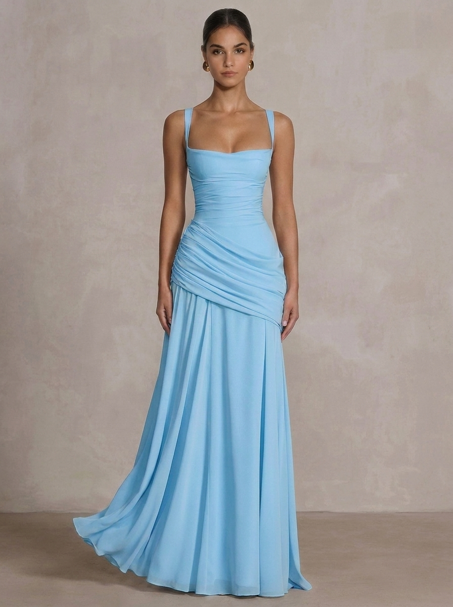 Eloise | Square Neck Ruched Drape Maxi Dress with Crossover Back