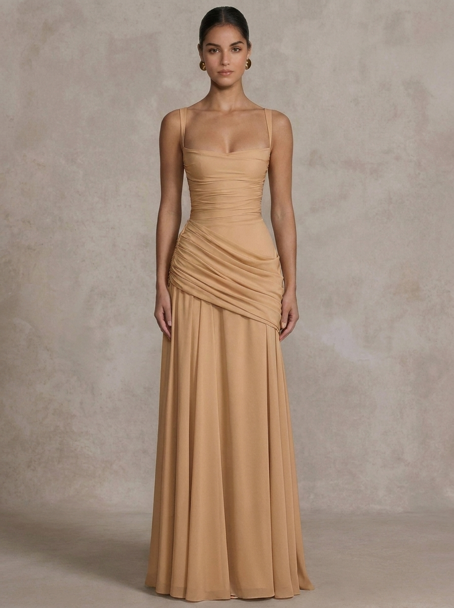 Eloise | Square Neck Ruched Drape Maxi Dress with Crossover Back
