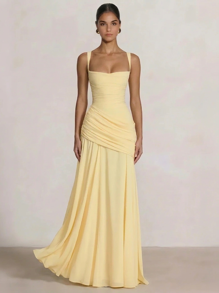 Eloise | Square Neck Ruched Drape Maxi Dress with Crossover Back