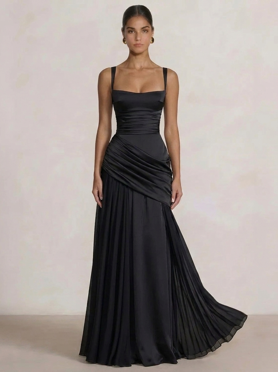 Eloise | Square Neck Ruched Drape Maxi Dress with Crossover Back