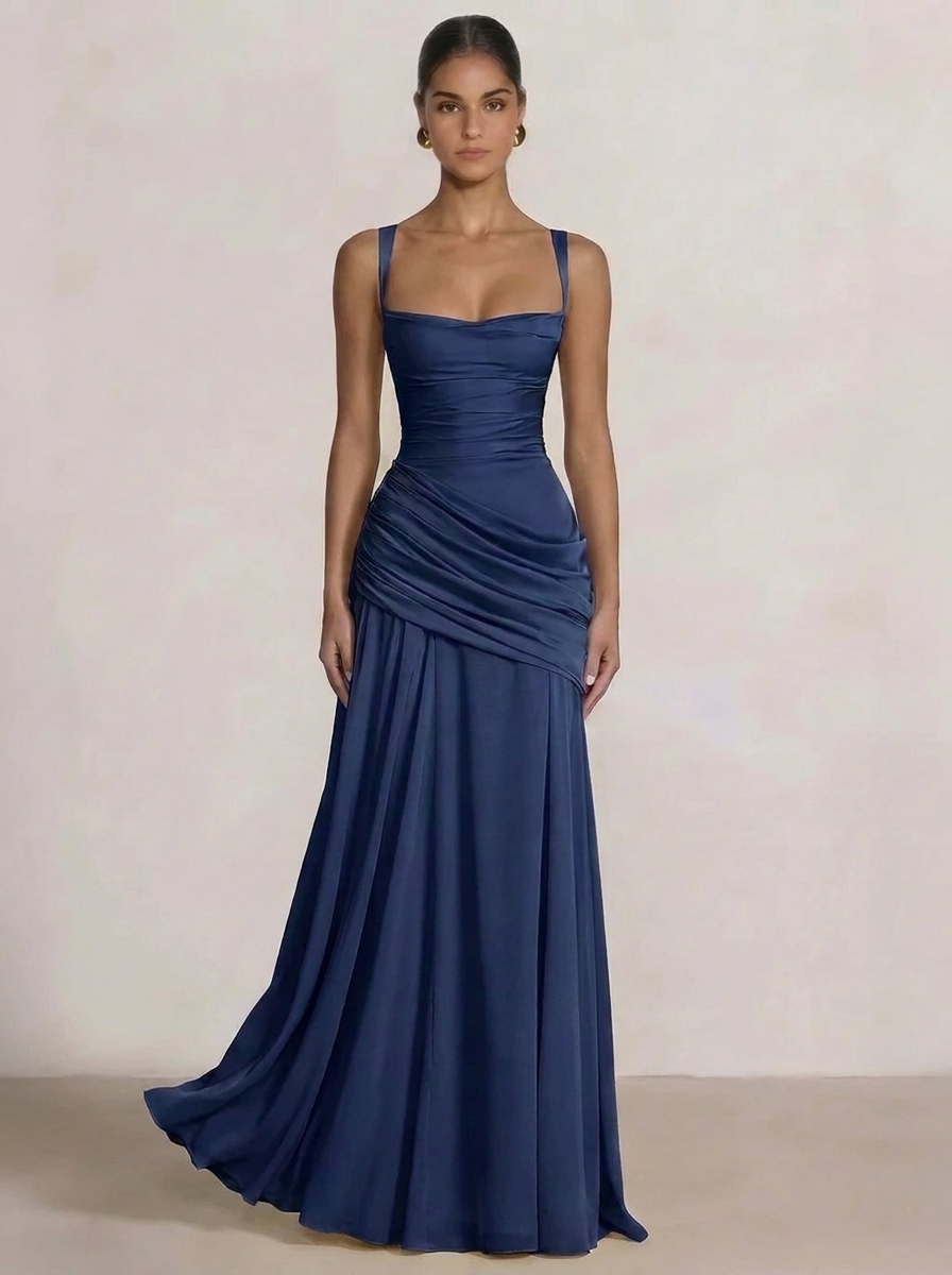 Eloise | Square Neck Ruched Drape Maxi Dress with Crossover Back