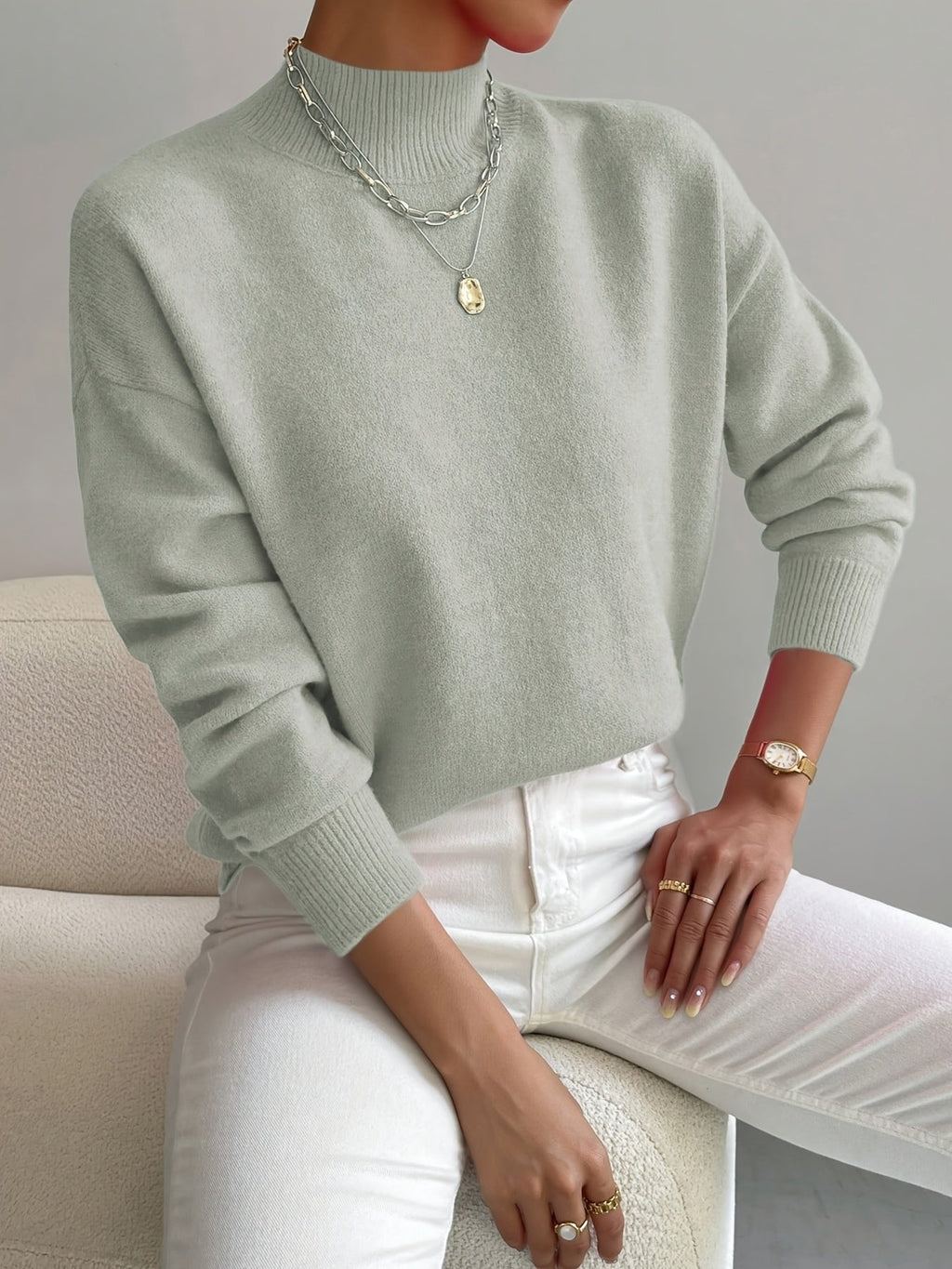 Ivy Mock Roll Neck Relaxed Fit Jumper with Ribbed Cuffs - front view