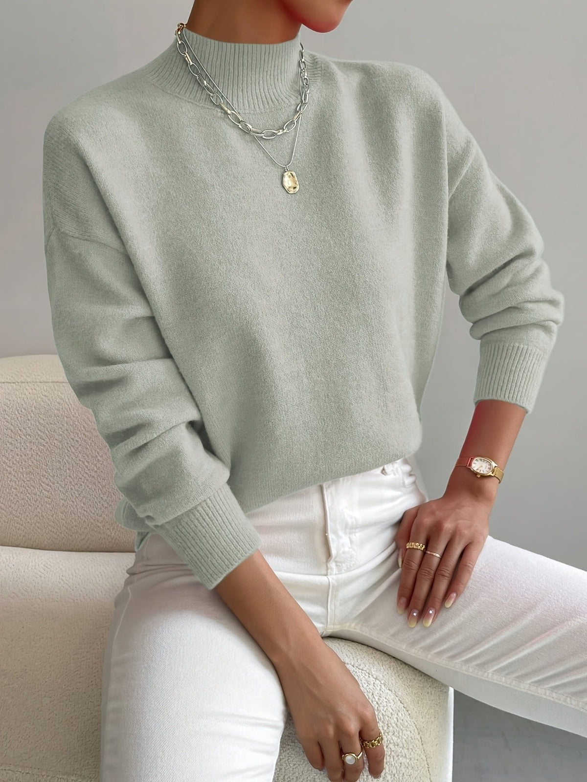 Ivy Mock Roll Neck Relaxed Fit Jumper with Ribbed Cuffs - front view