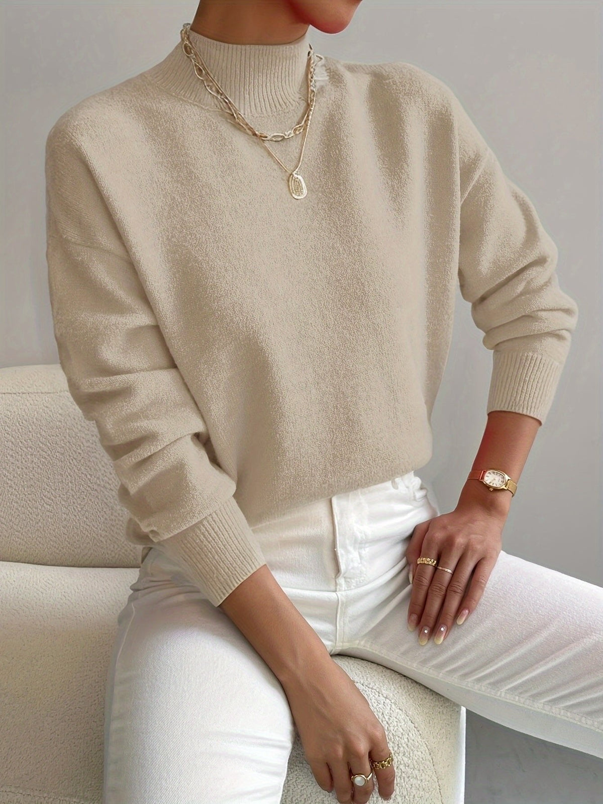 Ivy Mock Roll Neck Relaxed Fit Jumper with Ribbed Cuffs - view 5