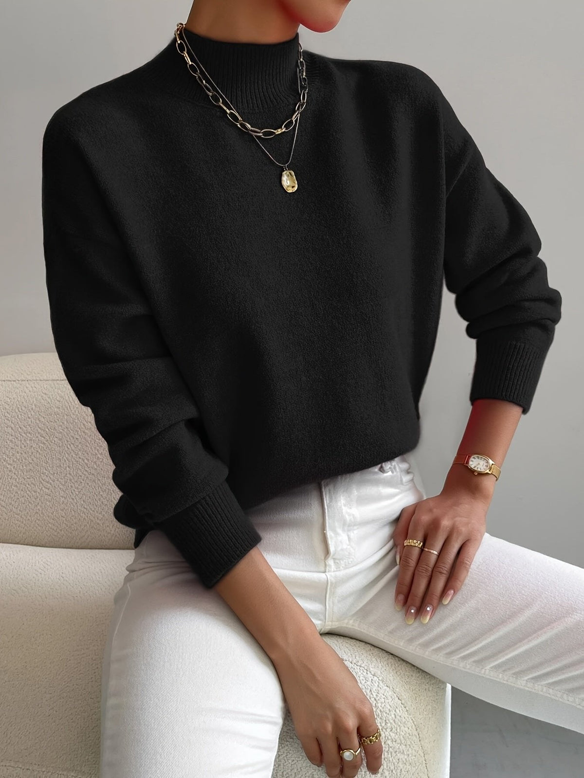 Ivy Mock Roll Neck Relaxed Fit Jumper with Ribbed Cuffs - view 6