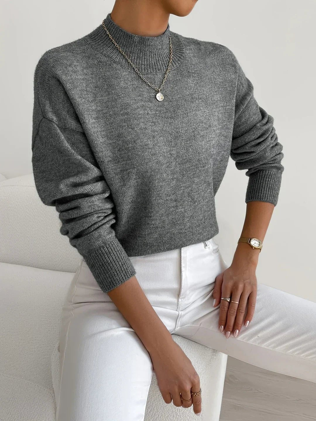 Ivy Mock Roll Neck Relaxed Fit Jumper with Ribbed Cuffs - view 9
